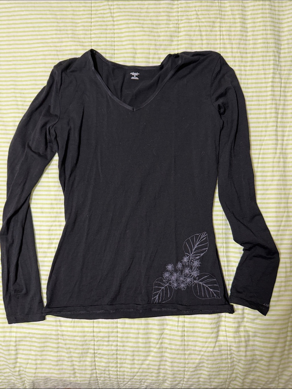 Icebreaker Black V-Neck Long Sleeve Tee with Subtle Floral Motif
